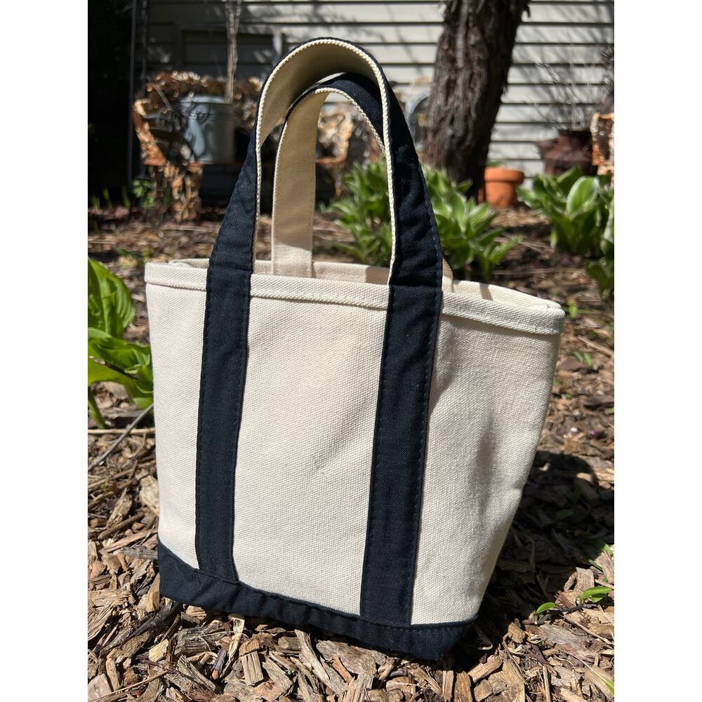 Lands End Small Canvas Tote Bag Cream Navy Double Handle Purse Lunch Boat Swim - Picture 4 of 9